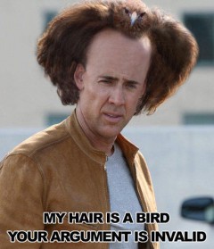 Nick Cage plaukai yra paukštis. Tavo argumentai negalioja.