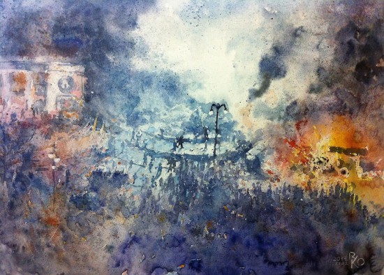 Man nežinomo dailininko akvarelė apie Euromaidano susirėmimus - "Mūšis Gruševskio gatvėje".